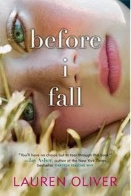 Cover of the 2010 HarperCollins edition of Before I Fall by Lauren Oliver, showing a young woman's face surrounded by dry wheat.