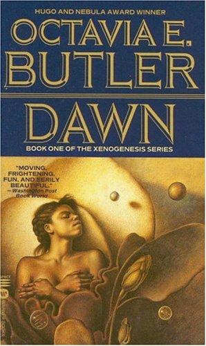 Cover of the 1997 Warner Books Aspect edition of Dawn by Octavia E. Butler, showing a woman's torso merging with an organic, planet-like alien form.