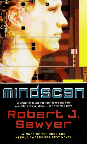 Cover of the Tor Books mass market paperback edition of Mindscan by Robert J. Sawyer, showing a divided profile portrait split between human features and glowing circuitry.