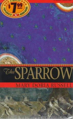 Cover of the 1997 Ballantine Books edition of The Sparrow by Mary Doria Russell, showing a deep blue night sky over a line of robed, birdlike figures on a ridge.