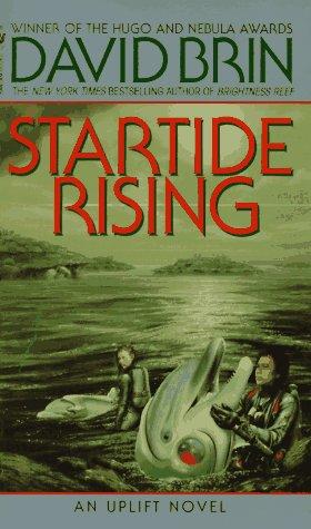 Cover of the 1984 Bantam Spectra paperback edition of Startide Rising by David Brin, showing two dolphins in exosuits swimming near a beached alien vessel under a green sky.