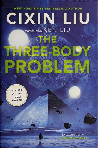 Cover of the 2014 Tor Books edition of The Three-Body Problem by Cixin Liu, showing a lone figure standing before a ruined pyramid structure beneath three suns.