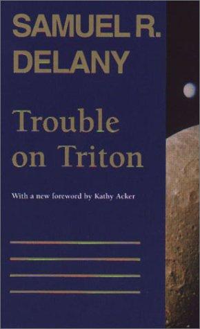 Cover of the 1996 Wesleyan University Press edition of Trouble on Triton by Samuel R. Delany, showing a small moon against a dark blue field with horizontal rule lines.