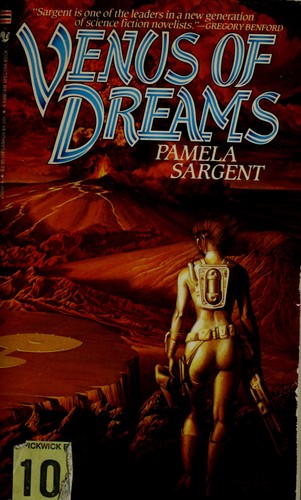 Cover of the 1986 Bantam Spectra paperback edition of Venus of Dreams by Pamela Sargent, showing a spacesuited woman standing on a rust-colored Venusian landscape.
